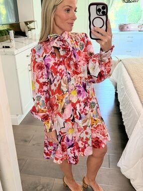 Maeve Floral Tie-Neck Long Sleeve Swing Dress in Red and Pink